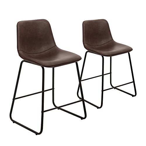 Canglong Faux Leather Armless Counter Stool Black Metal Base Faux Leather Bucket Seat, (2 Pcs 24" Inch), Brown #TOP3