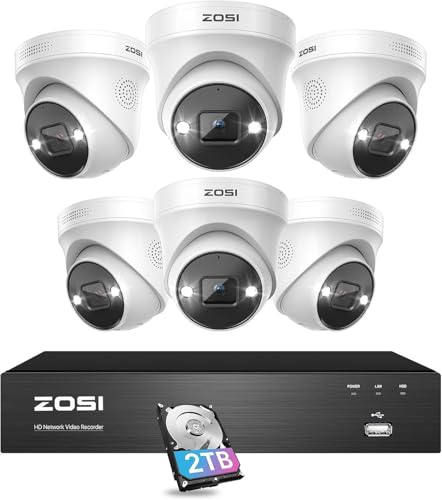 Image of ZOSI 4K Spotlight PoE Home Security Camera System with 2TB HDD,8-Port 16CH 8MP NVR,6pcs 5MP Wired Outdoor PoE IP Cameras,Person Vehicle Detection,2-Way Audio,Color Night Vision,for 24-7 Recording