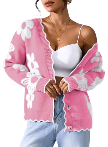 Pink Queen Womens Cozy Fuzzy Cardigan V Neck Flower Print