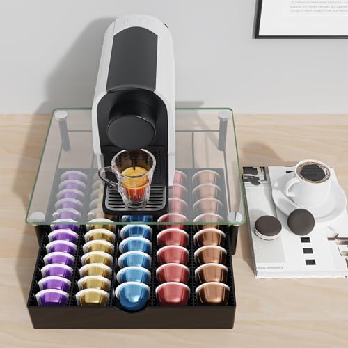 Image of gianotter Crystal Tempered Glass Vertuo Pod Holder Drawer, Compatible with Nespresso Vertuo Capsules, Compatible with 40 Large or 60 Small Nespresso Capsule Organizer (transparent)