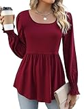 Widmile Women Square Neck Tunic Tops Puff Sleeve Peplum Shirt Loose Ruffle Hem T-shirt Fashion Fall Blouse (Wine Red, S)