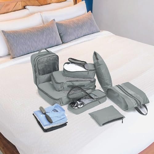 FATMUG Polyester Packing Cubes Travel Bag Organiser Set Of 15(2L,2M, 2S, 2Slim, 3 Shoe & 4 Laundry Pouch)-Grey 4 41CJUV3V yL
