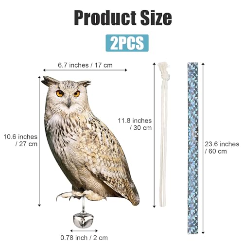Búho espantapájaros de jardín impermeable con cinta disuasoria y campana pack de 2 piezas 4