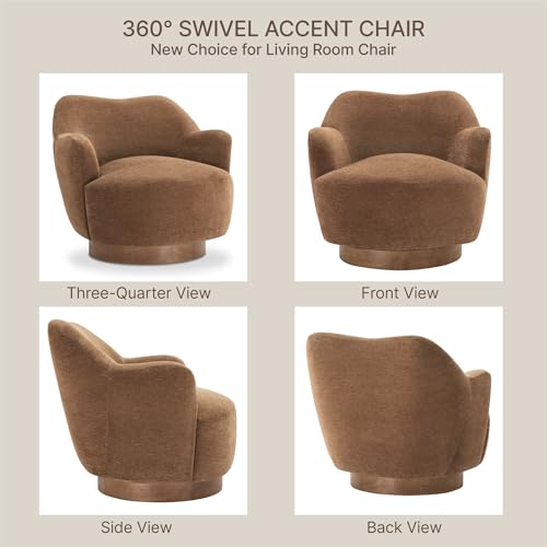 Image of KISLOT, Swivel Accent Chair, Modern Arm Chair with Wooden Base, Terracotta | Upholstered Barrel Chair with Curves Camel Back Design, Living Room Bedroom Reading