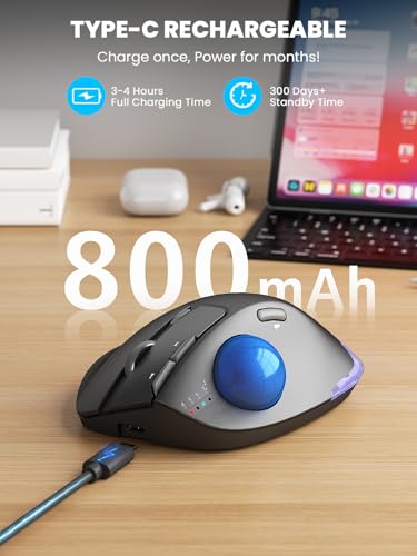 Image of MAM1 Pro Wireless Trackball Mouse, Ergonomic Bluetooth Rechargeable Computer Mouse, Backlit Rollerball Thumb mice with 5 Level DPI, Adjustable Angle, 3 Devices Connection for PC, Windows - Blue Ball