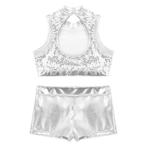 Image of easyforever Kids Girls 2PCS Shiny Mermaid Scales Ballet Dance Outfit Crop Top with Short Tankini Swimsuit