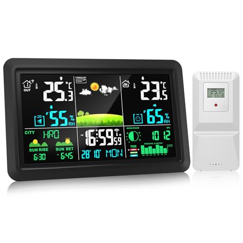 AIYUNDI Wireless Weather Station 7.5 Large Color Display Indoor Outdoor Thermometer Hygrometer Barometric Pressure Weather Forecast Moon Phase Sunrise Sunset Temp Humidity Alarm for Home Garden