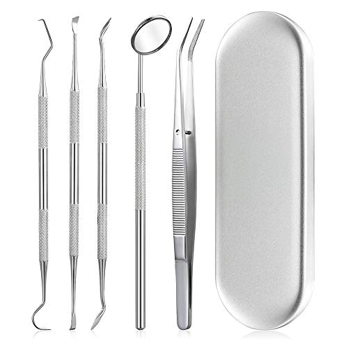 Dental Tools, 5 Pcs Professional Teeth Cleaning Tools Stainless Steel Stainless Steel Dental Scaler, Mouth Mirror, Tarter Scraper, Tooth Pick, Tweezers, for Personal & Pet Oral Care Use