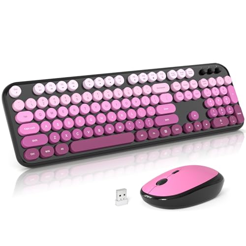 Image of Atelus Wireless Keyboard and Mouse Combo, Typewriter Full Size Keyboard with Number Pad and 2 in 1 USB Connected Mouse for PC Computer Laptop Desktop Windows 7 8 10 11 (Black Pink)