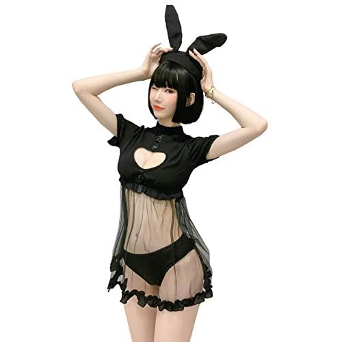 YUANMO Sexy Conejito Cosplay Lencería Vestido Kawaii Anime Gatito Ojo De La Cerradura Traje Lindo Traje De Mucama Japonesa Lolita Ropa Interior, Negro, S-M