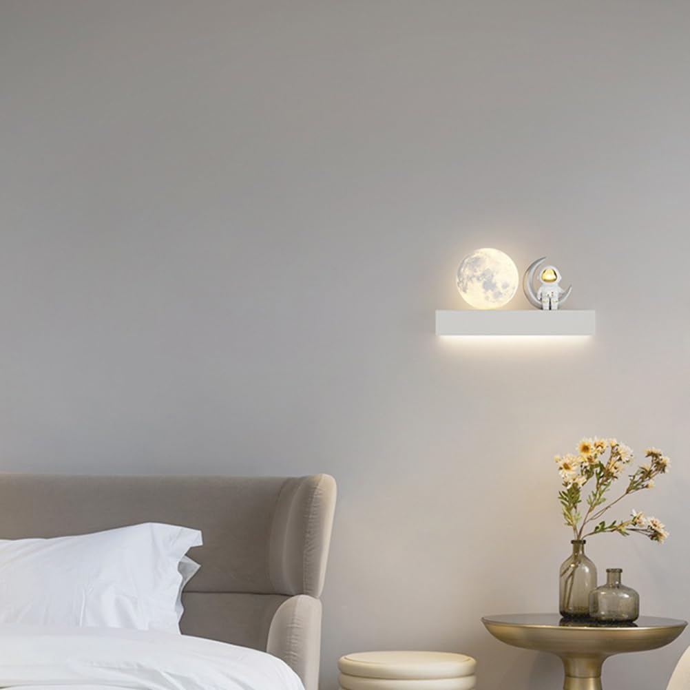 AoLa Mond Wandleuchte Kinderzimmer LED Astronaut Wandlampe lnnen Modern Kreative Cartoon Sternenhimme Astronaut Mond Lampe Nachttischlampe für Junge Mädchen Schlafzimmer Wohnzimmer,Weiß