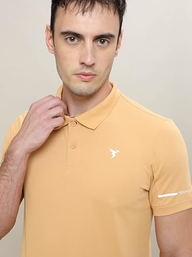 Image of TECHNOSPORT Men's Solid Slim Fit Polo Collar T-Shirt TECHNOCOOL+ Half Sleeve Button Polyester for Gym Running Workout UPF50+ Anti Odour