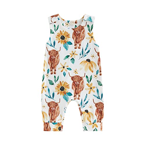 Image of Karuedoo Western Baby Boy Girl Clothes Cow Print Sleeveless Romper Jumpsuit One Piece Bodysuit Outfit Boho Summer Clothes (C Yellow, 6-12 Months)