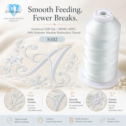Image of Simthread 5000M 40WT Polyester Embroidery Thread, Whisper Gray S102 | 5000M 40WT polyester thread feeds smoothly for machine embroidery, monograms, logos, patches and quilting.
