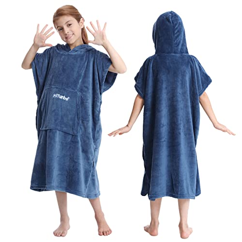 Hiturbo Kids Changing Robe Towel Poncho Bath Robe with Hooded for Beach,Swimming,Surfing Navy