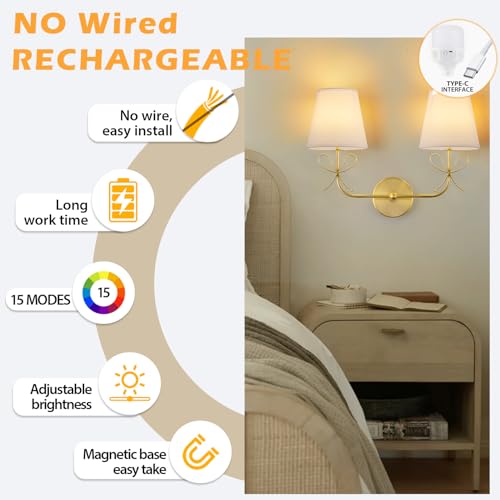 Image of PASSICA DECOR Bow Battery Operated Wall Sconce, Rechargeable Wireless Double Lights with Dimmable Bulbs, 15 Colors and Remote Control, Gold Wall Lamps for Bedroom, Bathroom