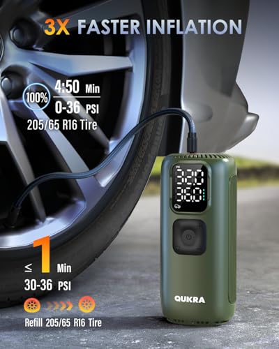 Image of T22 Tire Inflator Protable Air Compressor, 3x Faster Auto Cordless Air Pump, 160PSI Tire Pump, Smart Electric Pump with LED Light and Digital Display for Car Motorcycle Bike and Ball, Green