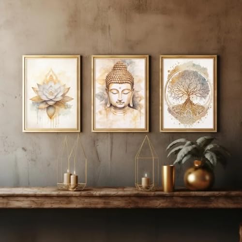 Affiche de méditation bouddhiste sérénité et paix intérieure triptyque bohème lotus