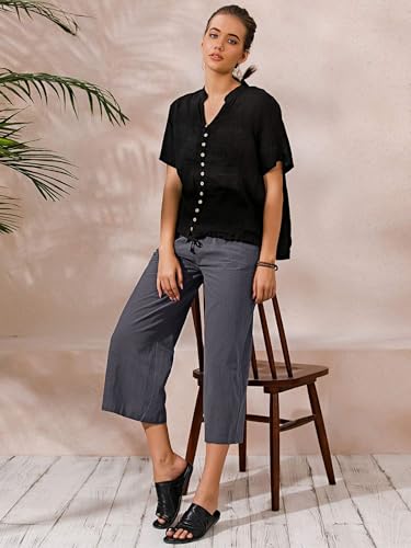 Image of ECUPPER Womens Cotton Cropped Pants Loose Fit Wide Leg Trousers | Casual, Plus Size, Elastic Waist, Capri, 100% Cotton, Slant Pockets, High Rise Waist, Lounge Pants