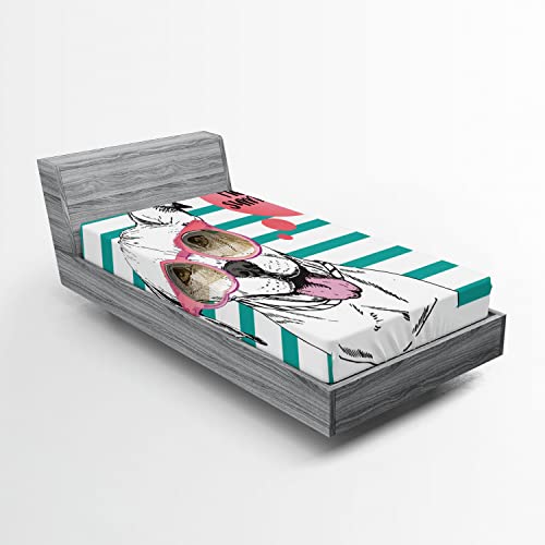 Ambesonne Pitbull 2 Pack Fitted Sheet, English Pitbull Sunglassess, Bed Cover All-Round Elastic Deep Pockets 2 Pieces, Package Contains 2 Twin Size Fitted Sheets, Teal Pink