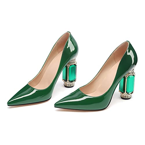 Image of JANSEVEN Women Chunky Heels Pumps Crystal Block Heels with Rhinestones Pointed Toe Sexy Gradient Patent Leather Slip on Bridal Party Wedding Dress Shoes 5-13 M US