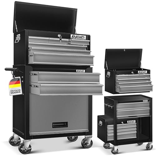 MASKO® Chariot d'atelier incl. valise - 9 compartiments Verrouillable | Métal massif | Chariot à outils mobile sans outils | Professionnel | Chariot à...