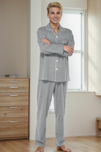 JSTEX Fannel Pajamas for Men 100% Cotton Pajama Set Long Sleeve Button Down Men's Sleepwear Soft Mens Pjs Set2