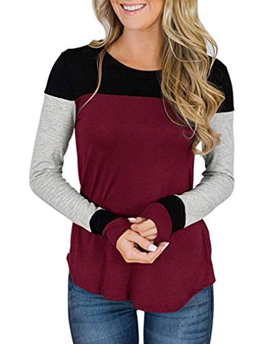 Túnica feminina casual de manga comprida com retalhos coloridos da Tobrief P-GGG, 01 Dark Red, Mediu