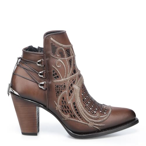 Cuadra Women's Bootie in Genuine Leather with Embroidery and Zipper Brown, 3F48RS2