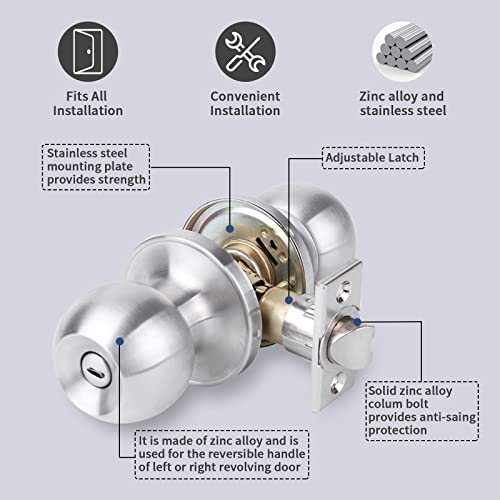 Biglufu Privacy Door Knob 3 Pack Keyless Door Lock In Solid Stainless Steel With Turn Locking Mechanism Interior Round Door Handle For Bathroom, Bedroom #TOP3