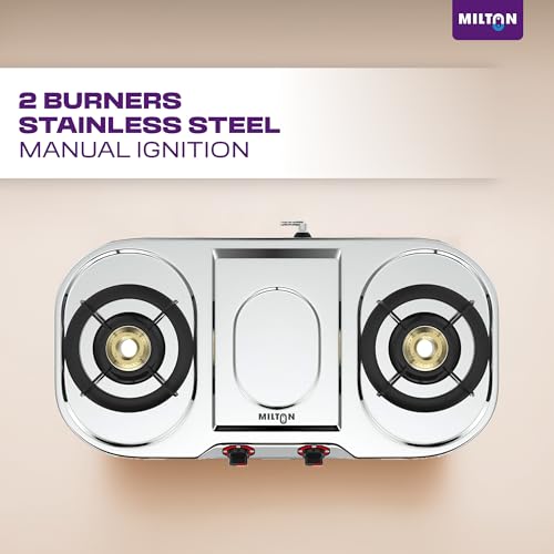 MILTON Royal Stainless Steel LPG Gas Stove 2 Burners | ISI Certified Manual Ignition 2 Burner Gas Stove | 360 Degree Nozzle | High Powered Brass Burners | 1 Year Manufacturer's Warranty