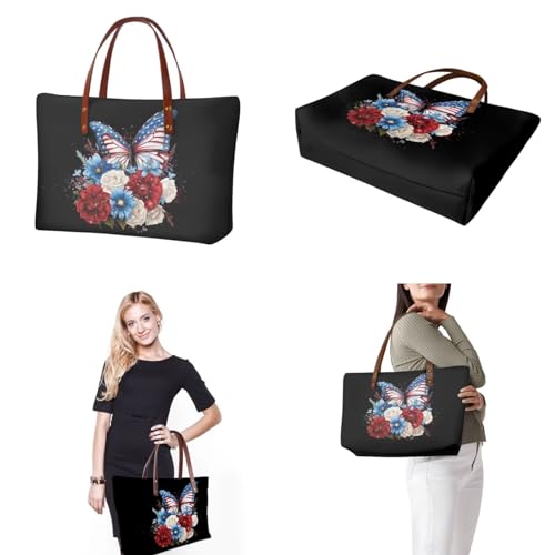 Image of Butterfly Tote Large Top Handle Purse With Matching Wallet, American Flag Handbag Set for Women Satchel Hobo With PU Cosmetic Bag for Working, Shopping, Black