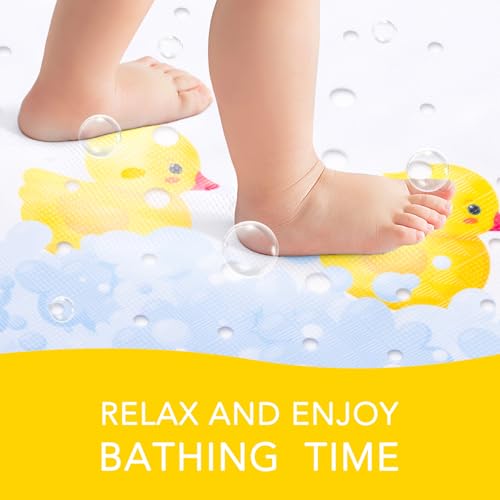 Image of PRATIQUE Kids Bath Mat for Tub Non Slip，40 X 16 Inch Extra Long Kids Bathtub Mat Duck Print Bathtub Shower Mat Safety Anti Slip with Suction Cups and Drain Holes, Machine Washable