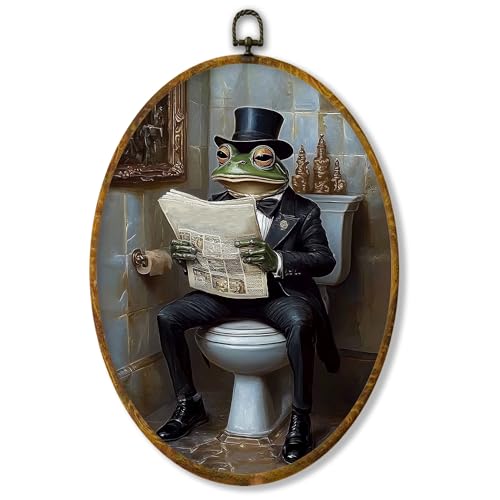 XPH Funny Frog Bathroom Oval Wall Art Framed, Whimsical Frog