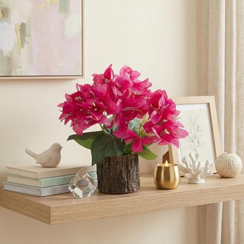 Image of Dekorly Artificial Bougainvillea Flower with Real Wooden Vase (28CM Overall Height) | Decorative Lifelike Faux Floral Plant in Rustic Tree Log Pot for Living Room(Bougainvillea)