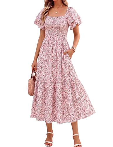 OLICE Women's Summer Midi Dress Short Sleeve Square Neck Off Shoulder Ruffle Elastic High Waist Vacation Dress with Pockets Pink White Floral M
