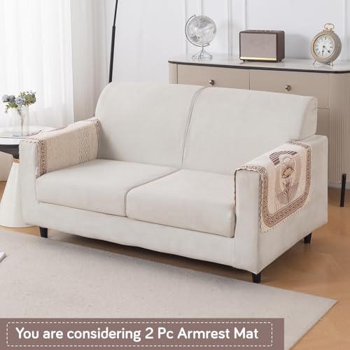 Image of HOKIPO Noor Beige Premium Chenille Jacquard Sofa Armrest Cover - 1 Pair | 'Royal Aangan Series' (IN-1006-L4*2)