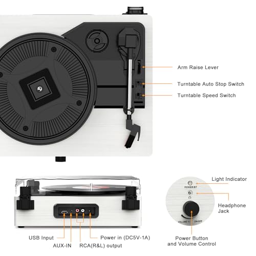 Image of Vinyl Record Player with Built-in Speakers and USB,Belt-Driven Bluetooth Turntable with 3 Speed AUX Input Headphone Jack and RCA Output Vintage Wooden White