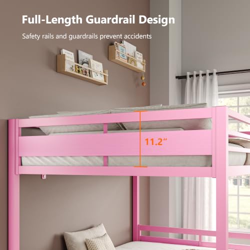 Image of iPormis Metal Bunk Bed Full Over Full, Heavy Duty Bunk with High Guardrail and Safety Entrance Design, Under-Bed Storage Space, Easy Assembly, Noise Free, Pink