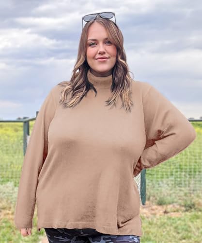 Image of CARCOS Plus Size Sweaters for Women Solid Turtleneck Sweater Long Sleeve Pullover Tops Casual Split Hem Knit Shirts