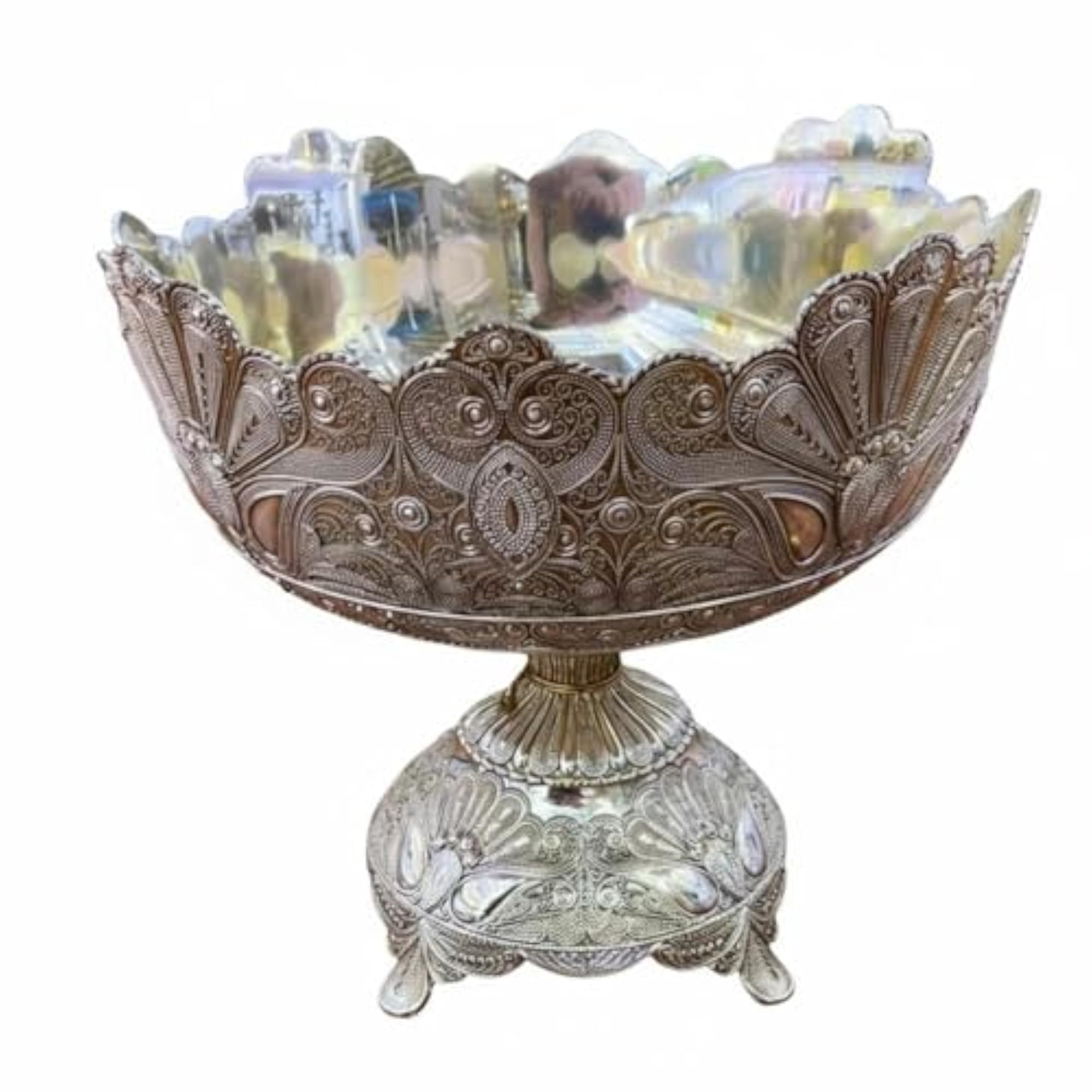 Metal Scalloped Pedestal Bowl, Embossed Floral Design