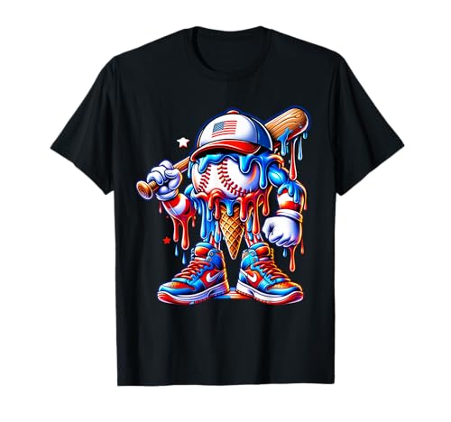 4th of July Red White and Blue Baseball Ice Cream Drip Boys T-Shirt