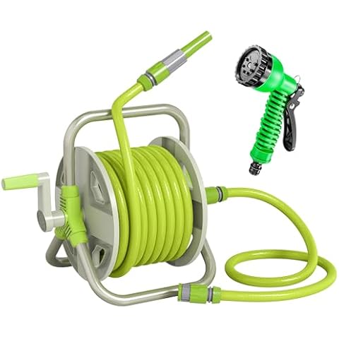 Portable Garden Hose Reel with 50.8ft Hose + 3.2ft, Lightweight Water Hoses Reels Set with Adjustable Spray Nozzle - 5/8" Inlet and Reinforced Hose for Durability for Outside, Yard, Patio - Green Cover