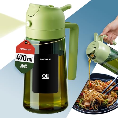 PORTENTUM Olive oil spray bottle for cooking 16oz/470ml 2 in 1 spray and pour function Anti drip green glass bottle dispenser with light protection Multilingual labels Air fryer salads grilling