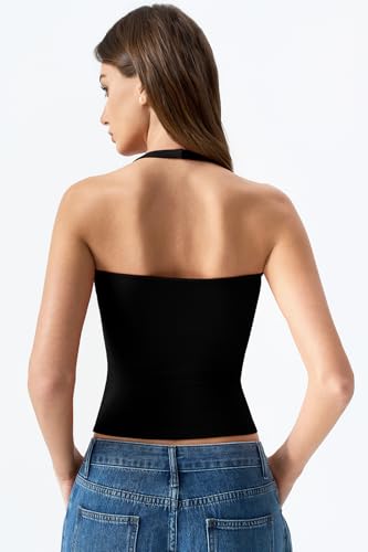 Image of QINSEN Womens Halter Top Double Lined Tank Top Sleeveless Open Back Slim fit Going Out Tops
