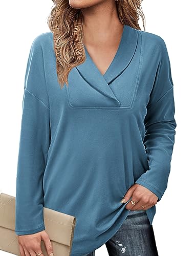 Image of Women's Long Sleeve Tops Fall Shawl Neck Tunic Tops for Leggings Casual Blouse Sweatshirt