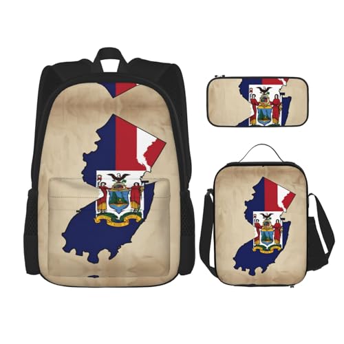 New Jersey Flag Map02 Print 3 Piece Set Backpack, Lunch Bag, Pencil Case, Cute Sturdy For College And Travel