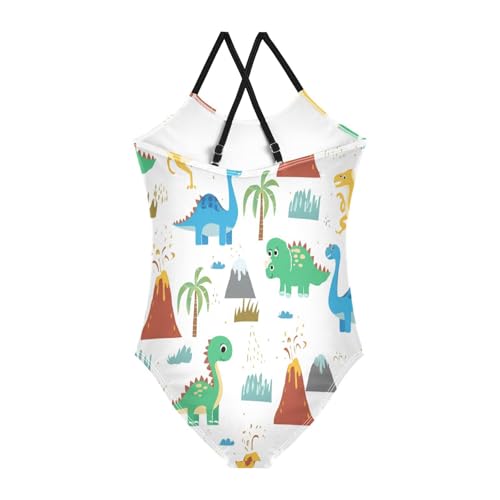 Cute Cartoon Dinosaurs White Girls 1 Piece Swimsuit, Beach Bathing Suit 3-10 Y with Adjustable Shoulder Strap, 3-10 Y2