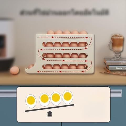 Image of Plastic Automatic Rolldown Refrigerator Rectangular 4 Tier Egg Rolling Dispenser, Holds Up To 30 Eggs, Holder For Fridge Storage - (OFF WHITE)