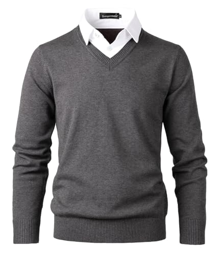 Men's Sweater with Mock Shirts Collar 2 in 1 V-Neck Knitted Pullover Classic Solid Sweaters Grey
